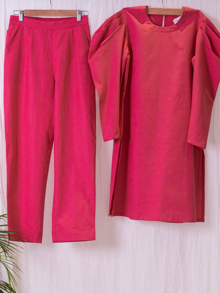 Hot Pink Puffed Sleeve 80'S Long Shirt N Pants